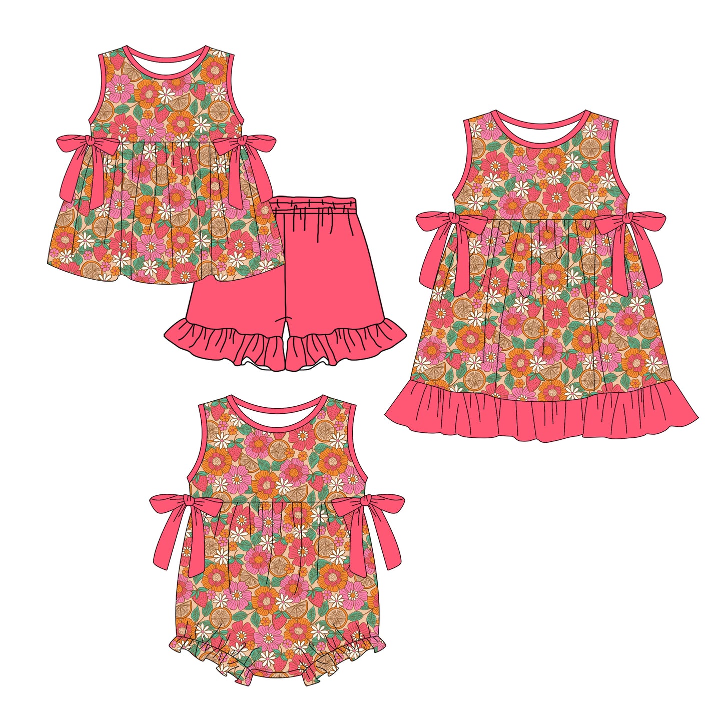 3.31 Custom moq 5 mix size Sibling Baby Girl's Flowers Sleeveless Tunic Ruffle Shorts Set Cute Romper Dress for Summer