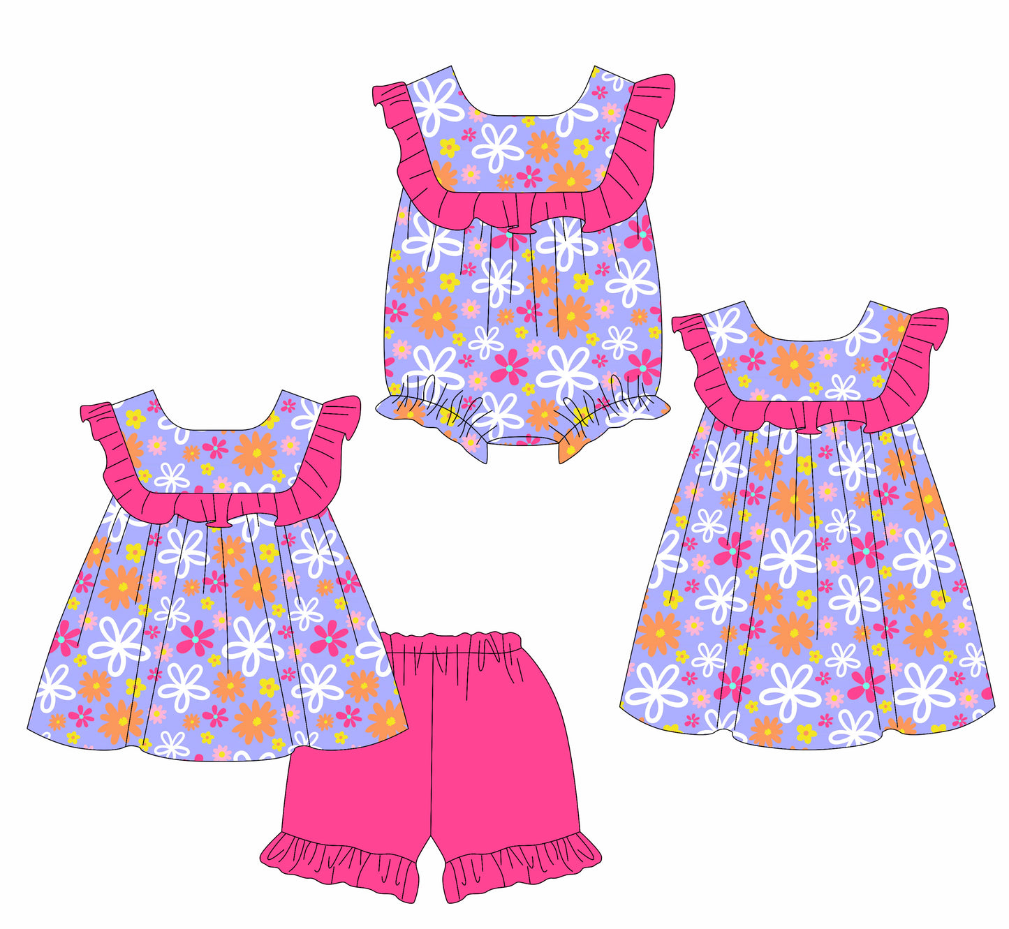 4.8 custom each style moq 5eta 4-6week Sibling Sisters flower purple baby girl short sleeve shorts sets and dress and rompers match family design