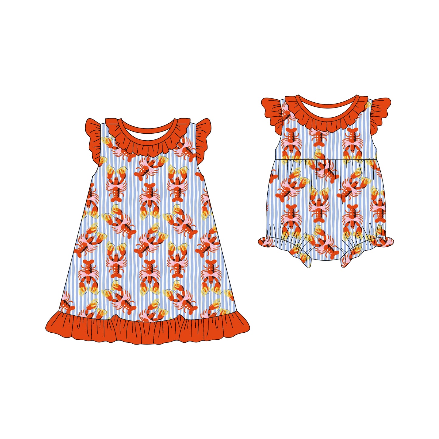 25.12.13 custom each style moq 5 eta 6-8week Sibling Sister lobster baby short sleeve romper and dress match design