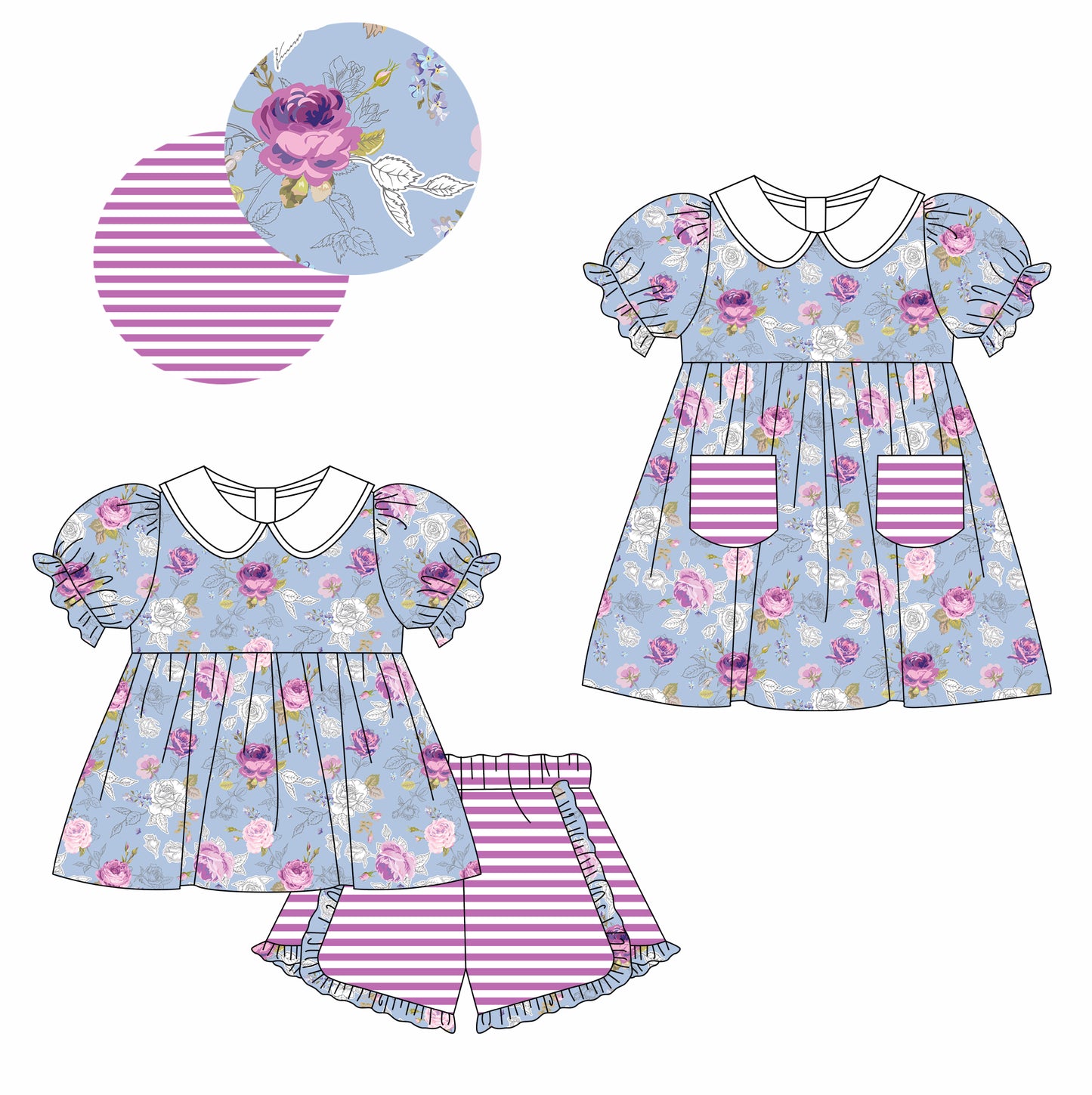 11.13 custom each style moq 5eta 4-6week Sibling Sister floral baby girl short sleeve shorts sets and dresses match design