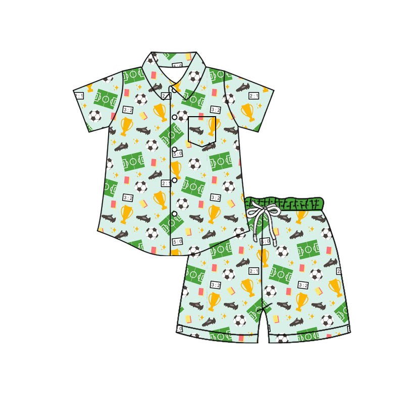4.8 Custom moq 5 mix size Baby Boy Footballs Short-Sleeved Button-Down Top with Pockets And Shorts Set