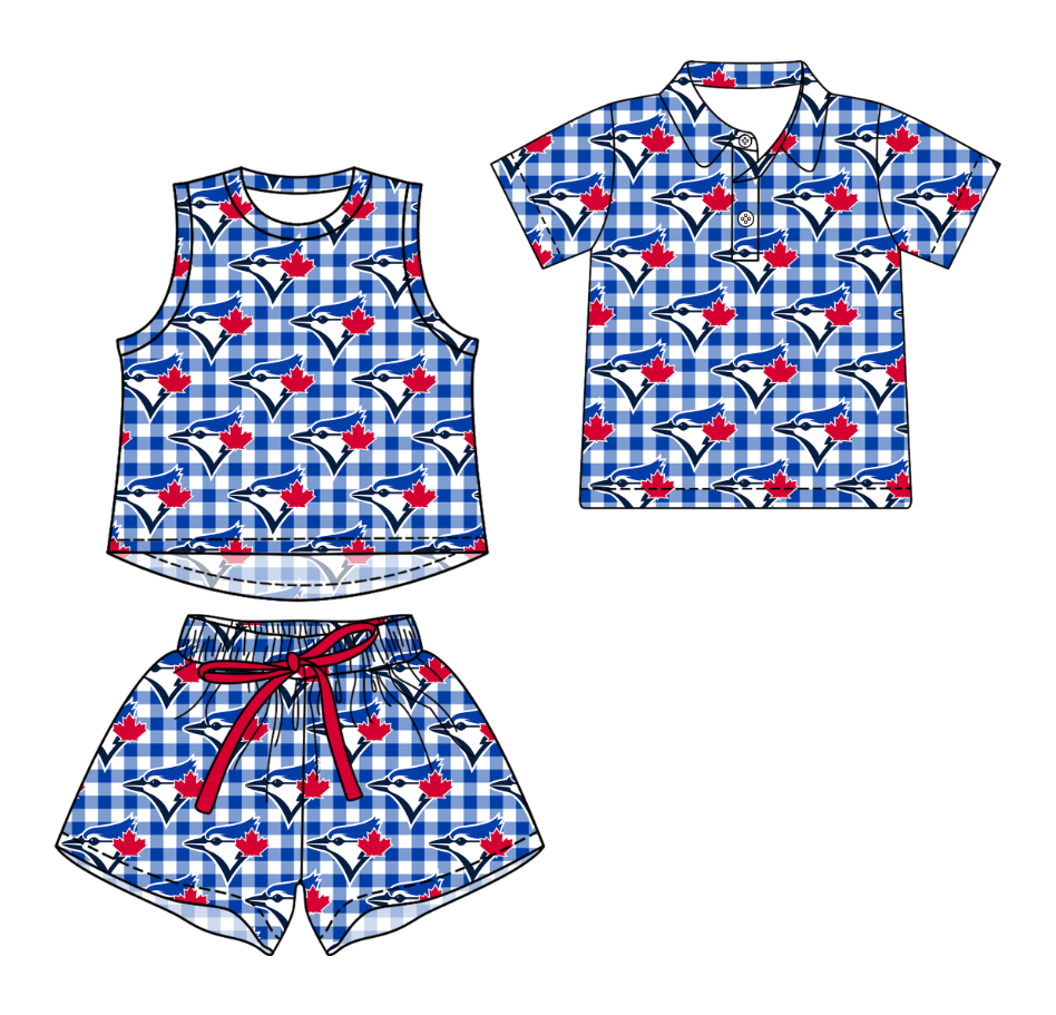 Custom moq 5 mix size milk silk summer teams Blue Checked Girls Sleeveless Top And Short Sets Boys Short Sleeve Button Polo Shirt Top