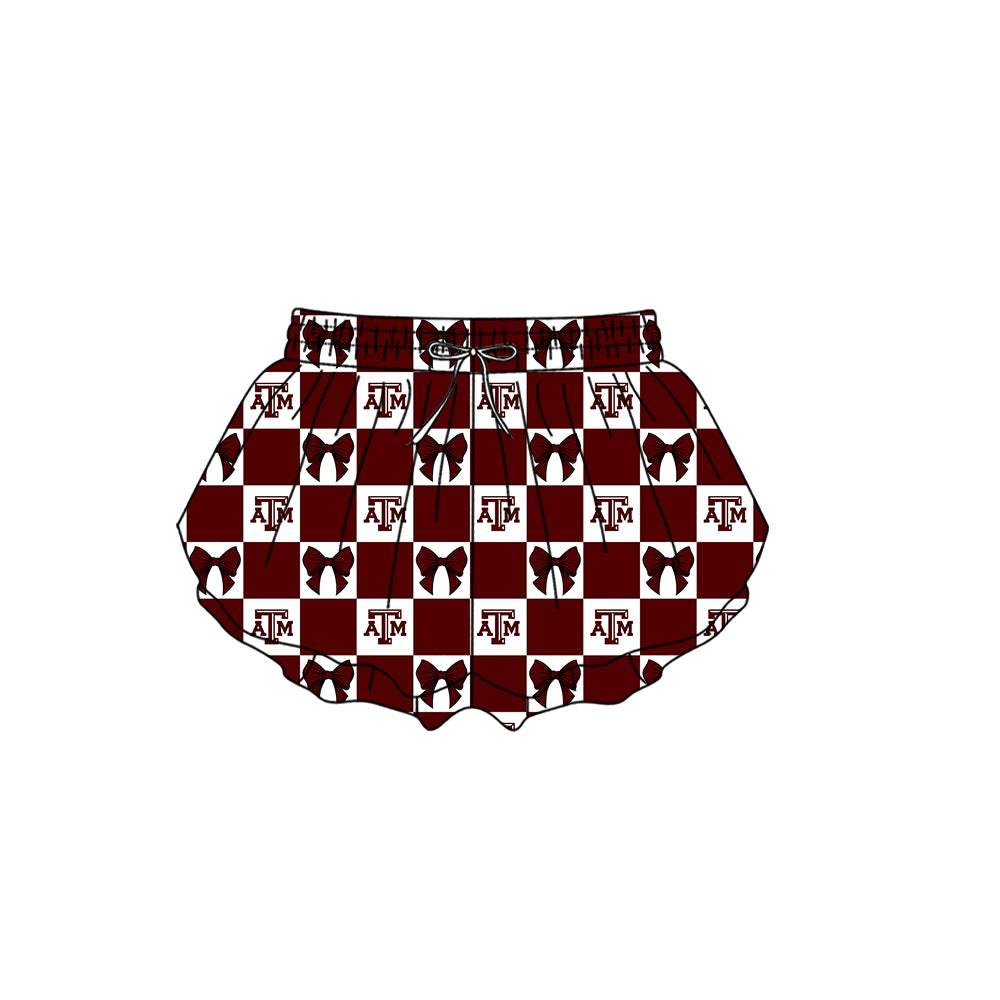 Custom moq 3 or 5 mix size milk silk summer teams baby girl clothes bow dark red summer shorts-26.1.20