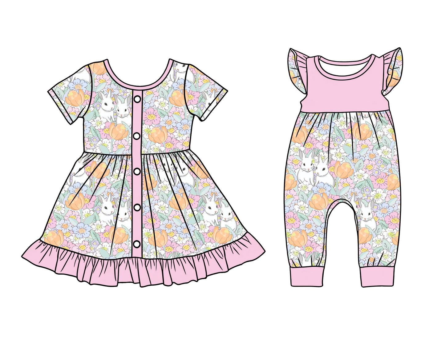 25.12.17 custom each style moq 5 eta 6-8week Sibling Sister bunny floral baby short sleeve romper and dress match design