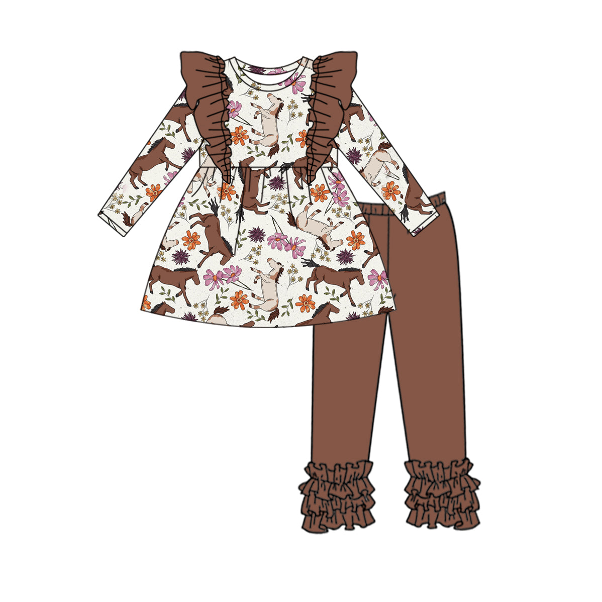 10.10 custom each style moq 5eta 4-6week baby girls clothes horse brown long sleeve pants sets