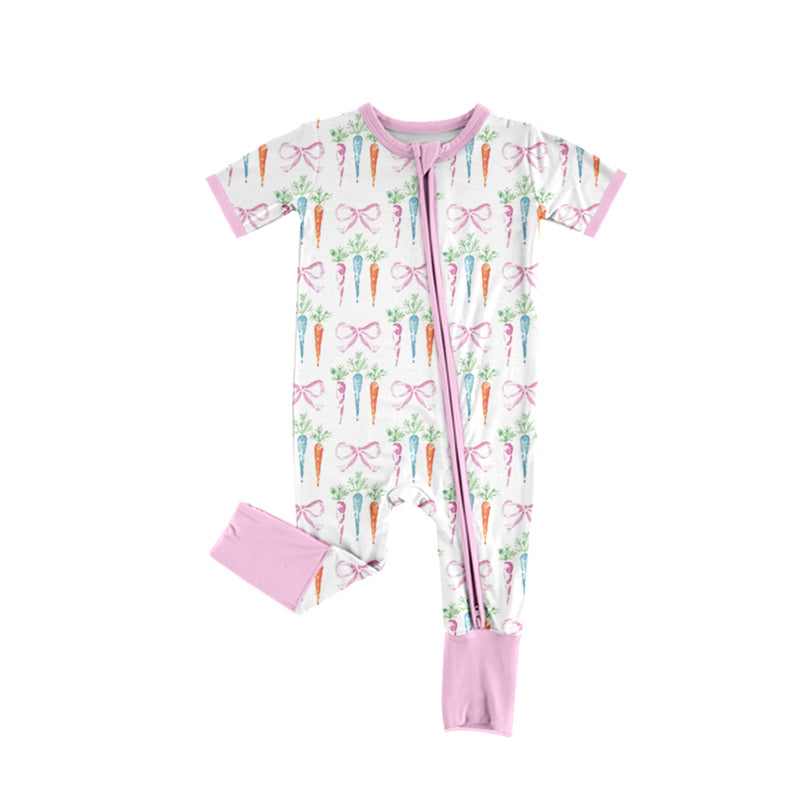 7.24 custom each style moq 5eta 4-6week Sibling Sister carrot bow light pink baby girls short sleeve sets and rompers match family design