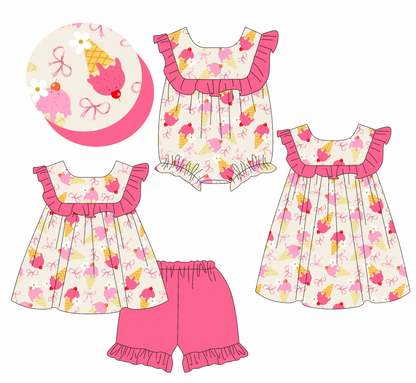 4.18 custom each style moq 5eta 4-6week Sibling Sisters ice cream bow floral baby girl short sleeve shorts sets and dress and rompers match family design
