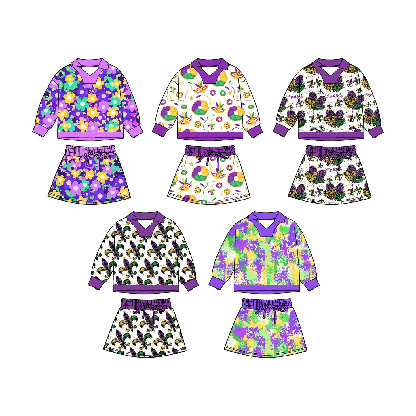 25.11.4 custom each style moq 5 eta 6-8week Sibling Sisters mardi gras baby girl long sleeve skirts sets 5 match family design
