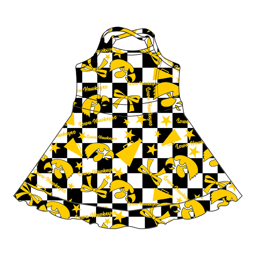 Custom moq 5 mix size milk silk summer teams baby girls clothes team bow yellow sleeveless skirts sets and dress 1 and dress 2 and dress 3-25.6.30
