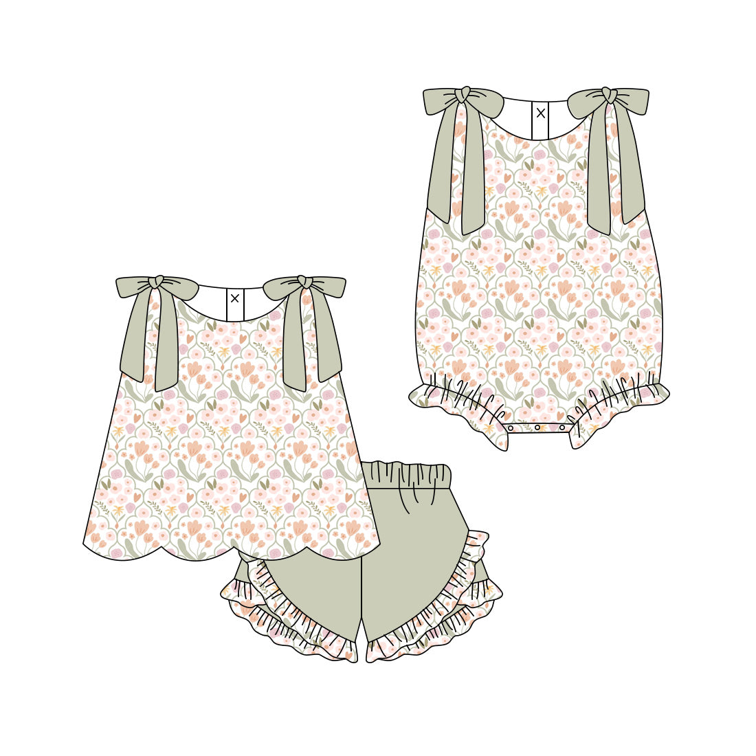 3.11 Custom moq 5 mix size Sibling Baby Girls Floral Scallop Tunic Ruffle Short Clothes Sets Matching Romper Outfit