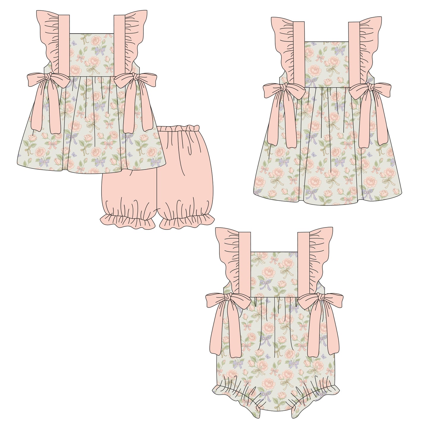 3.19 Custom moq 5 mix size Sibling Baby Girl's Flowers Flutter Sleeve Tunic Shorts Set Cute Romper Dress for Summer