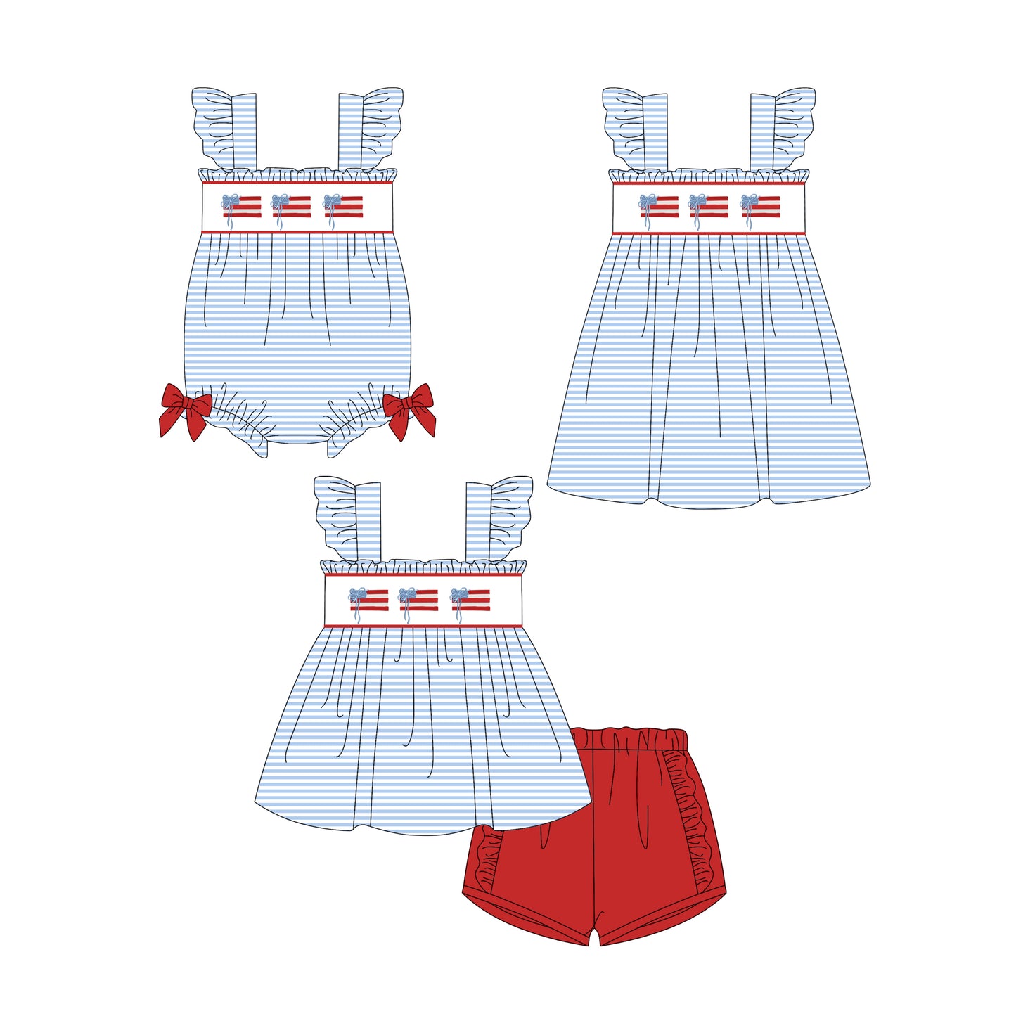 25.12.30 custom each style moq 5 eta 6-8week Sibling Sister flag bow baby short sleeve shorts sets and romper and dress match design