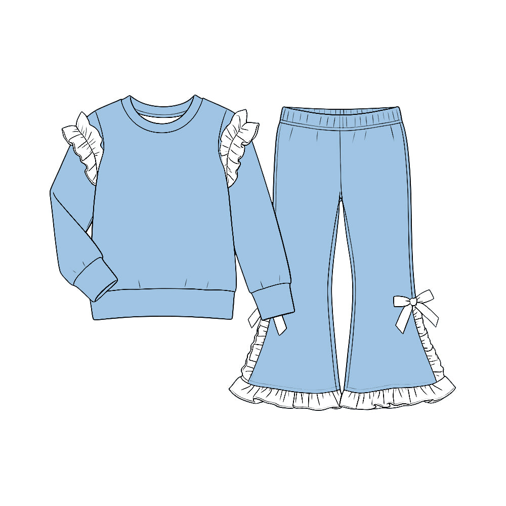 custom moq 5 mix size Baby Girls Ruffle Light Blue Long Sleeve Top And Flare Pant With Bows Set