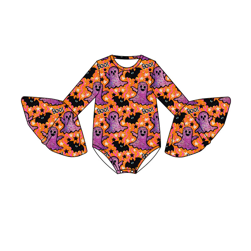 5.7custom each style moq 5eta 4-5week Sibling Sister Halloween ghost prints purple and orange girls and boys outfits and baby romper match family design