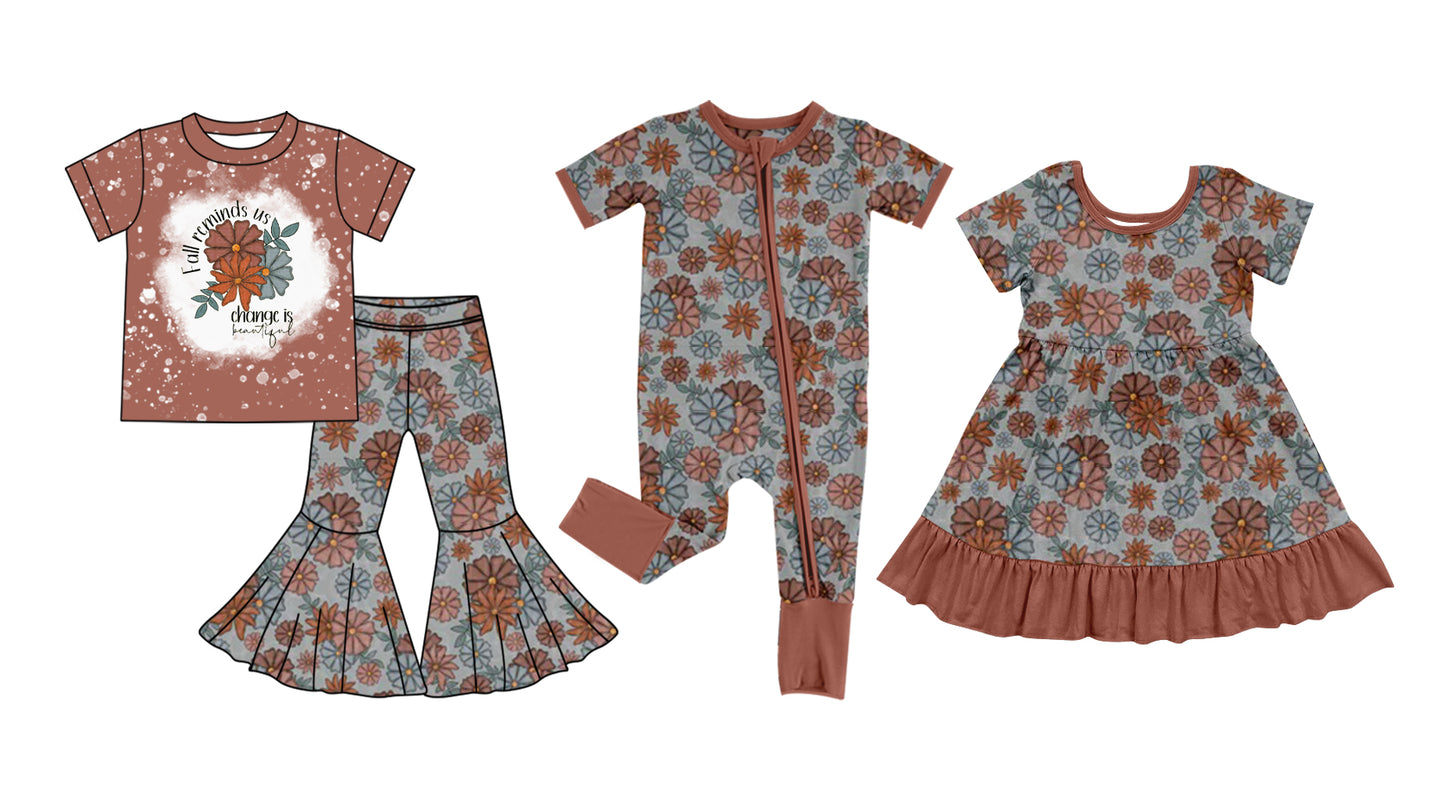 5.5 custom each style moq 5eta 4-6week Sibling Sisters floral baby girl short sleeve pants sets and dress and rompers match family design