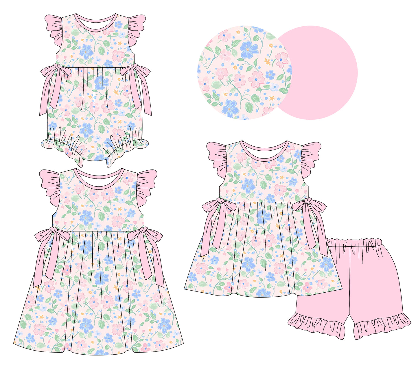 26.1.12 custom each style moq 5 eta 6-8week Sibling Sister floral baby short sleeve shorts sets and romper and dress match design