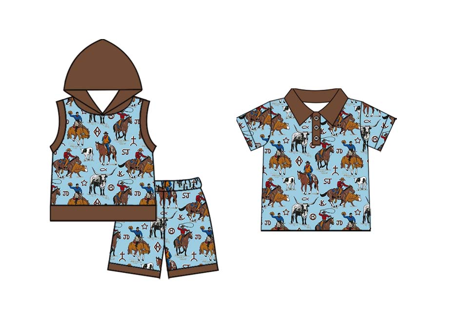 11.19 custom each style moq 5eta 4-6week Sibling Sister riding horse hooded baby boy short sleeve shorts sets aand top match design