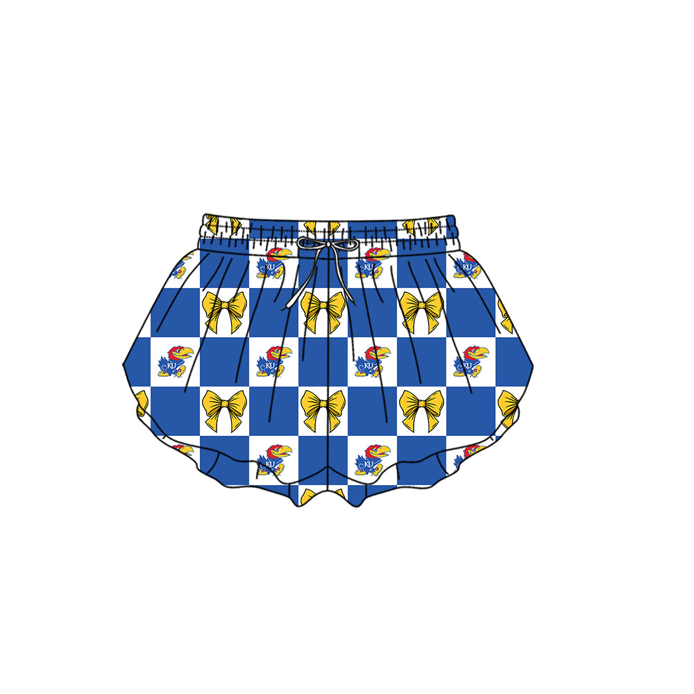 Custom moq 3 or 5 mix size milk silk summer teams baby girl clothes bow blue summer shorts-26.1.24