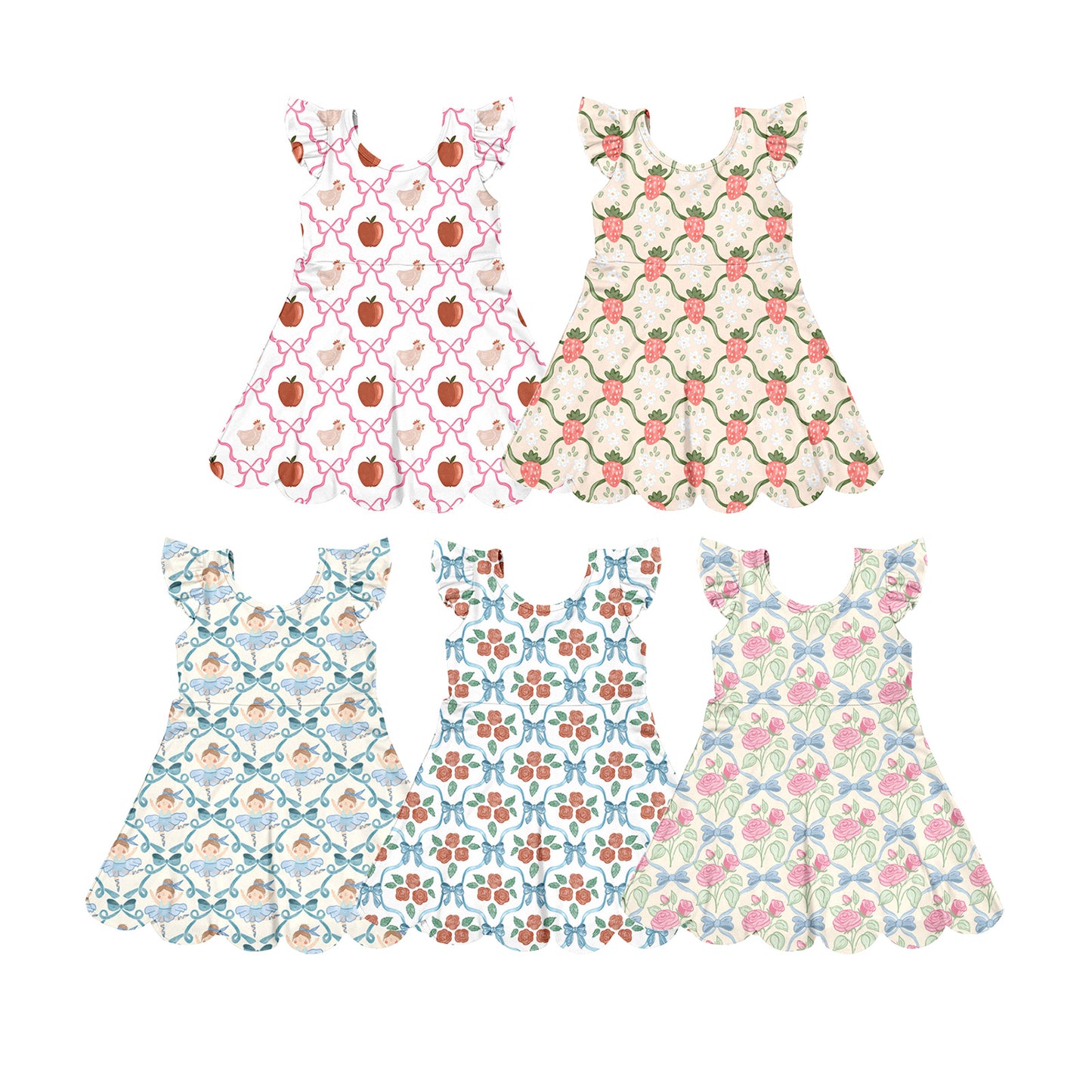 Custom moq 5 mix size Sibling Baby Girls Bow Print Flying sleeves Knee-Length Yoga Dress