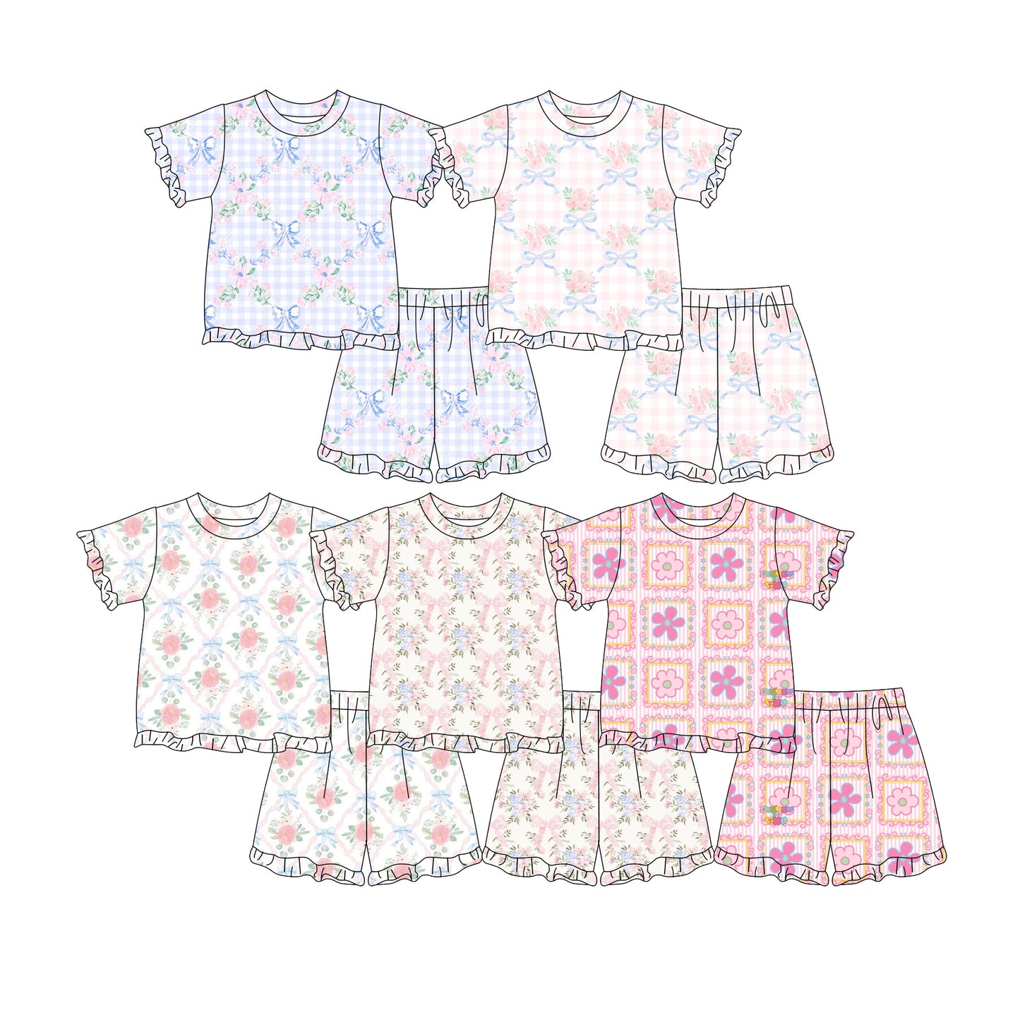 Custom moq 5 mix size Sibling Baby Girl's Floral print Short-Sleeved Top And Shorts Set Cute And Comfortable Outfit for Little Ones