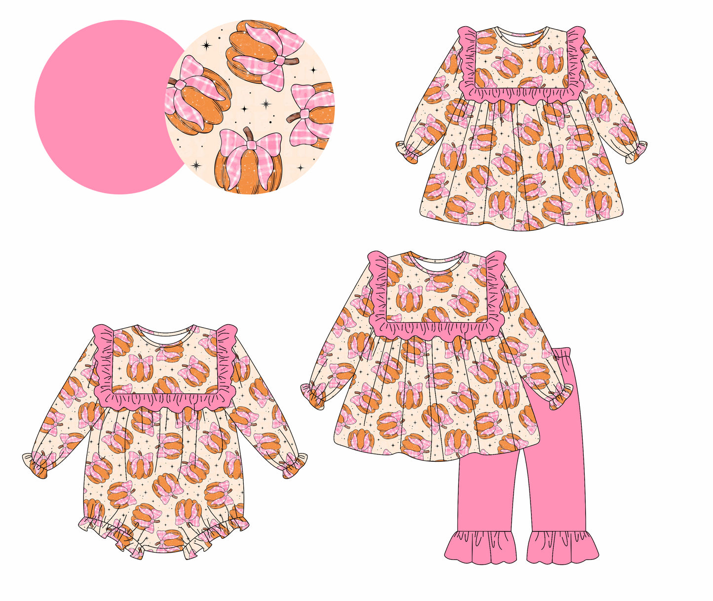 25.5.14 custom each style moq 5eta 4-6week Sibling Sisters pumpkin bow baby girl long sleeve pants sets and dress and rompers match family design