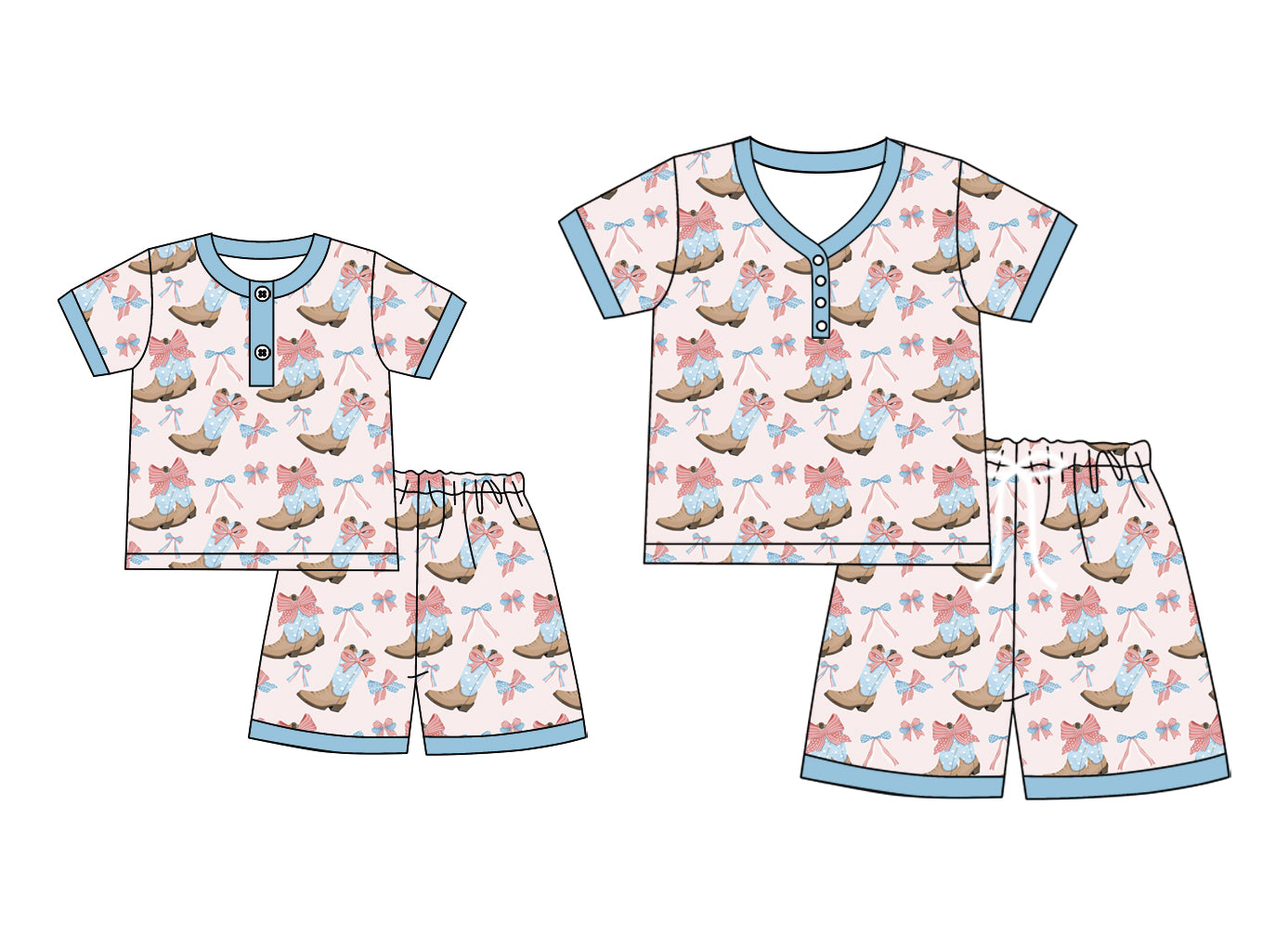 4.21 custom each style moq 5eta 4-6week Sibling Sister boot bow short sleeve shorts sets and adult sets match design