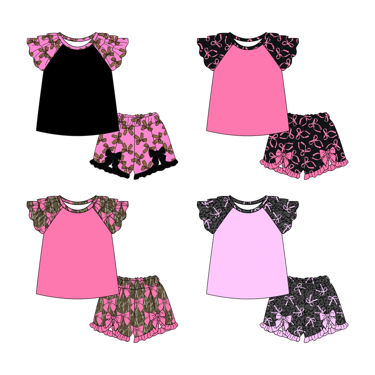 2.11 custom each style moq 5eta 4-6week Sibling Sister bow baby girls short sleeve shorts sets and set 4 match design