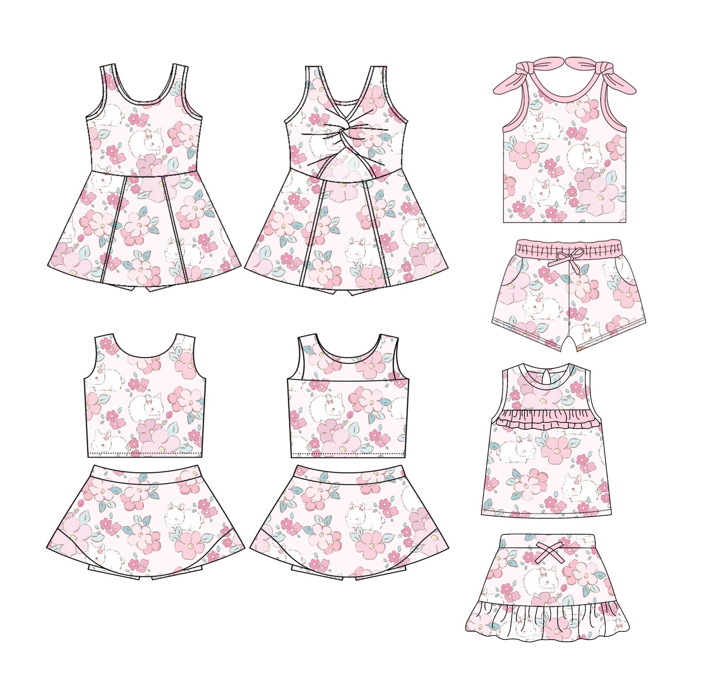 25.12.22 custom each style moq 5 eta 6-8week Sibling Sisters bunny floral baby girl clothes short sleeve shorts sets and skirts set 2 and dress match family design