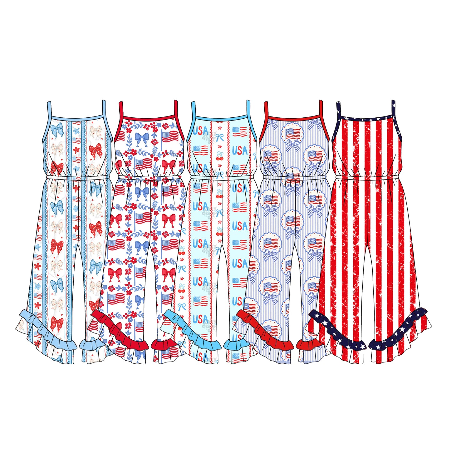 Custom moq 5 mix size Baby Girls Bow-Print Sleeveless Jumpsuit 4th of July Patriotic Outfit Toddler Clothes