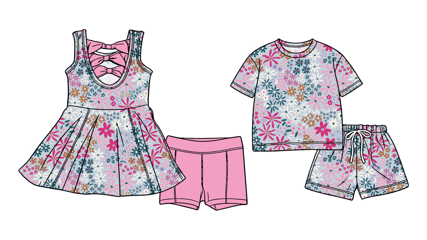 Custom moq 5 mix size Sibling Baby Girl pink Sleeveless Yoga Dress And Shorts Outfit Short Sleeved Top And Shorts Set