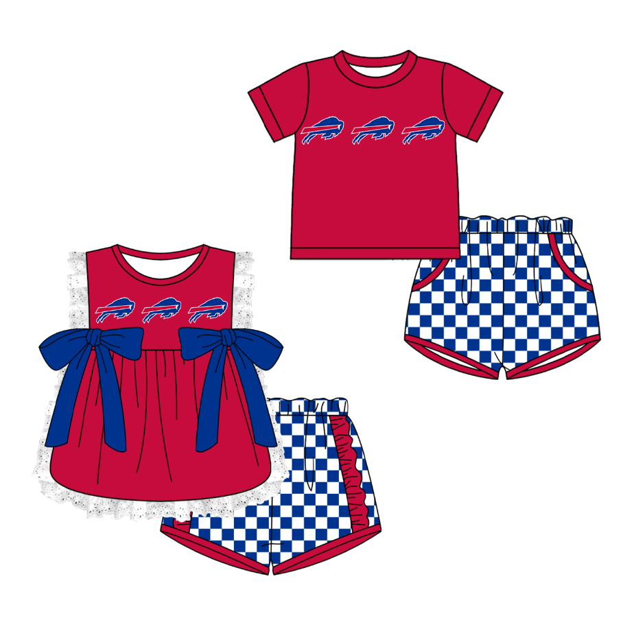 Custom moq 5 mix size milk silk summer teams Red Girl Sleeveless Top And Plaid Shorts Set with Bow Boy Short Sleeved Top And Plaid Shorts Set