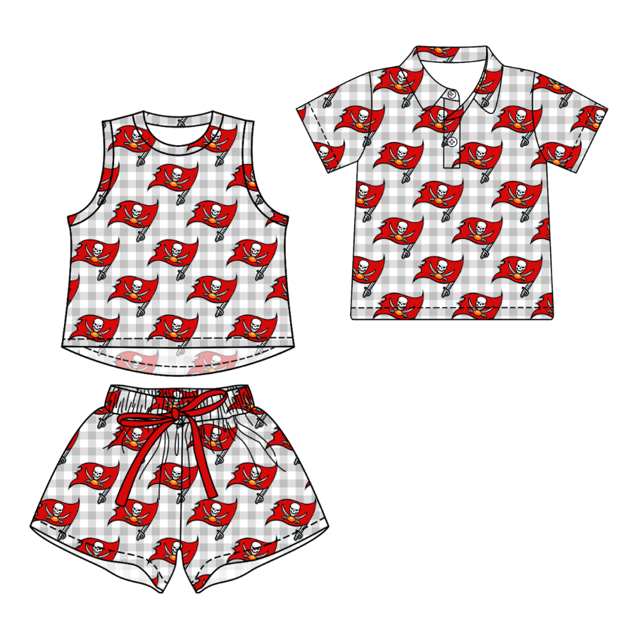 Custom moq 5 mix size milk silk summer teams Girls Checked Top And Drawstring Checked Short Sets Boys Checked Short Sleeve Button Polo Shirt Top