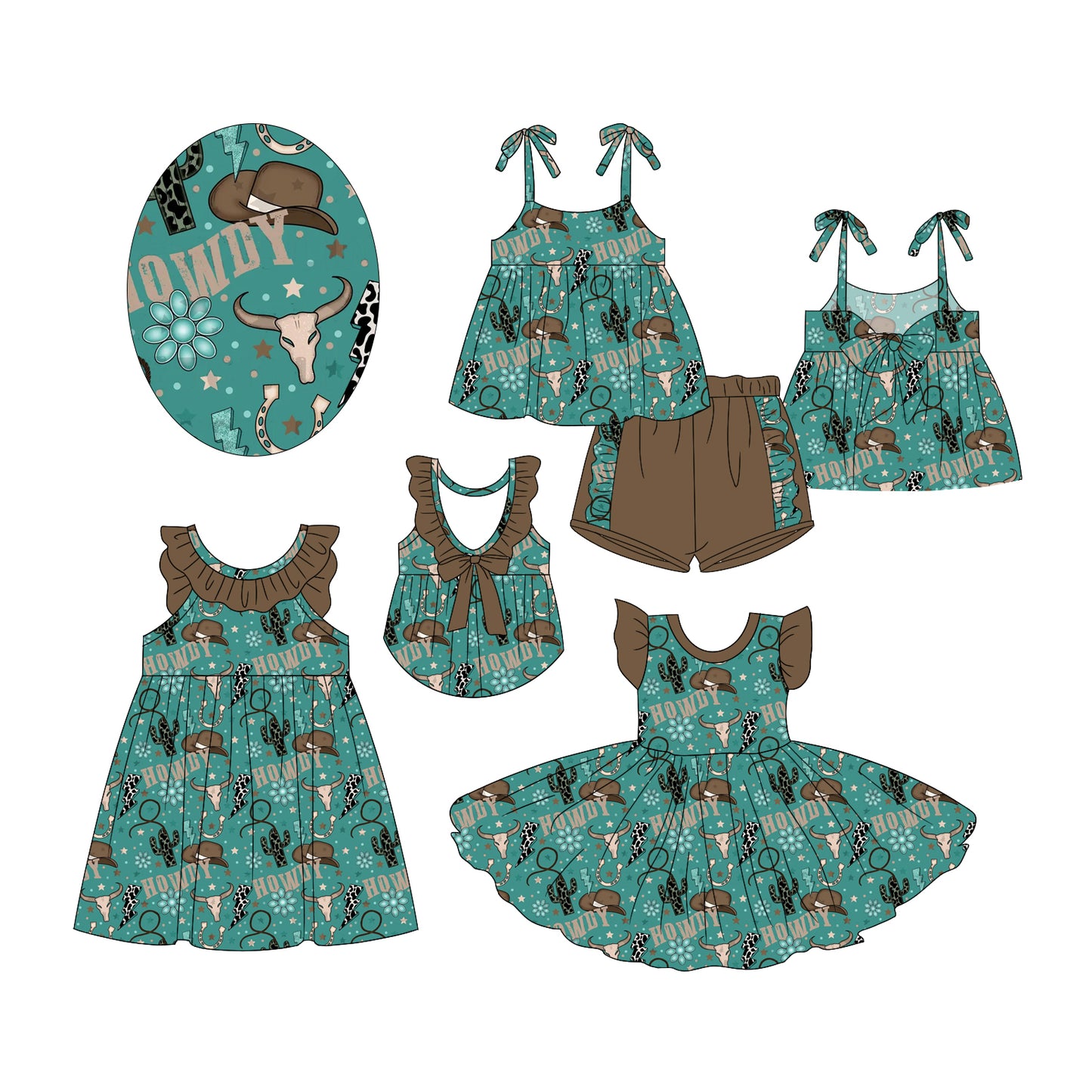 2.18 custom each style moq 5eta 4-6week Sibling Sister HOWDY boots cow head baby girl short sleeve shorts sets and dress and dress 2 match design