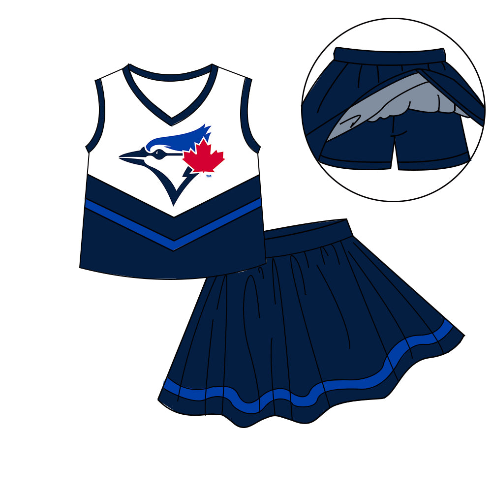 Custom moq 5 mix size milk silk eta 6-8weeks summer teams navy blue baby girls clothes team sleeveless skirts shorts sets-25.7.8