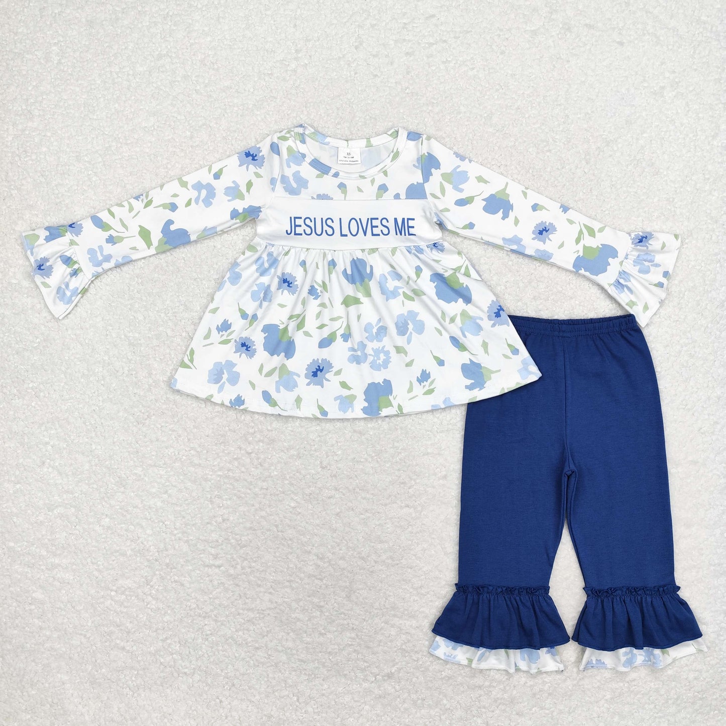 RTS NO MOQ(In Stock) jesus loves me flower long-sleeved blue trousers set
