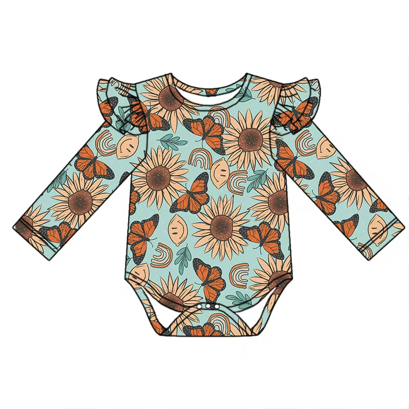 Custom moq 3 eta 6-8weeks Sunflower Butterfly Fly Sleeve Long Sleeve Teal Climbing Dress