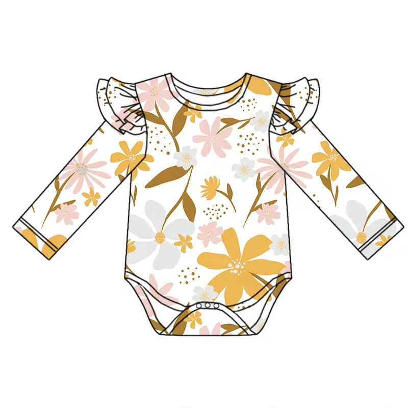 Custom moq 3 eta 6-8weeks Long-sleeved pink and white romper with floral and flying sleeves