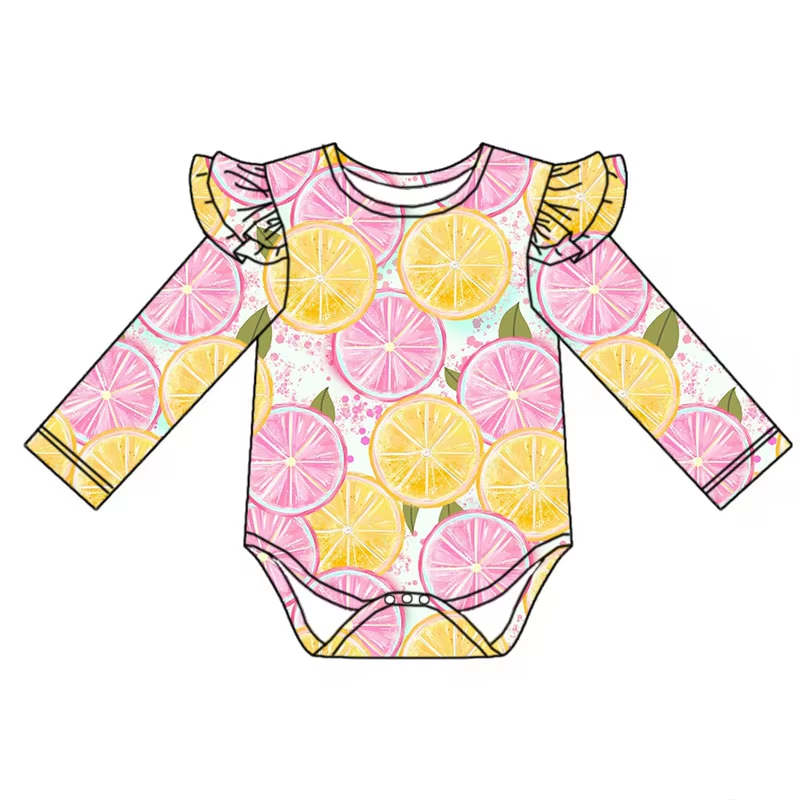 Custom moq 3 eta 6-8weeks Grapefruit flying sleeves long sleeve yellow and pink romper