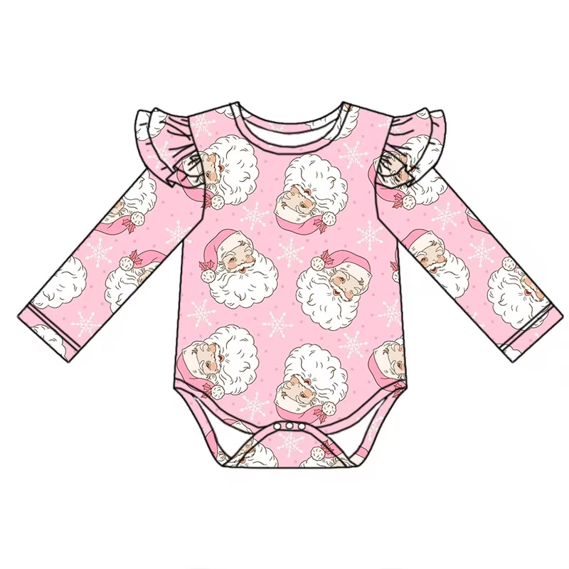 Custom moq 3 eta 6-8weeks Winking Santa Pink Long Sleeve Fly Sleeve Romper