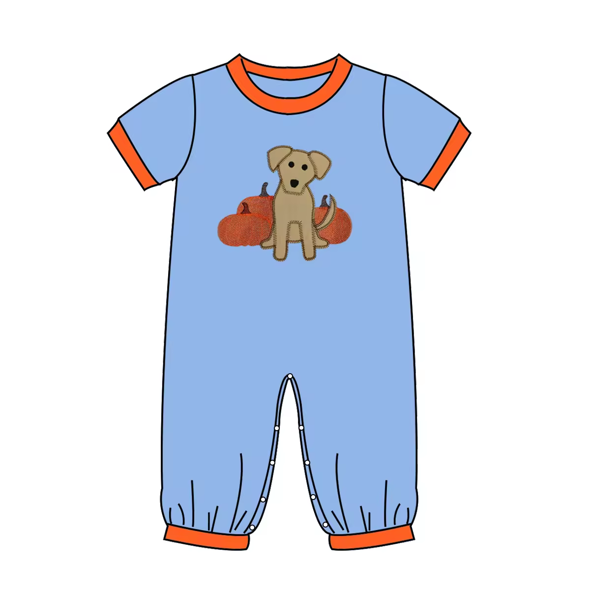 Custom moq 3 eta 6-8 weeks Embroidered Pumpkin Puppy Sky Blue Short Sleeve Long Pants Romper