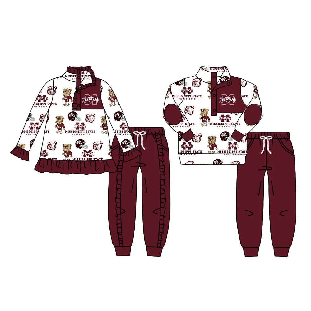 Custom moq 3 MIX SIZE eta 7/8week moq 5 eta /4/5week Dark Red Letter "M" - Sport Puppy Pattern Boys Girls Button Pullover Long Mixed Suit