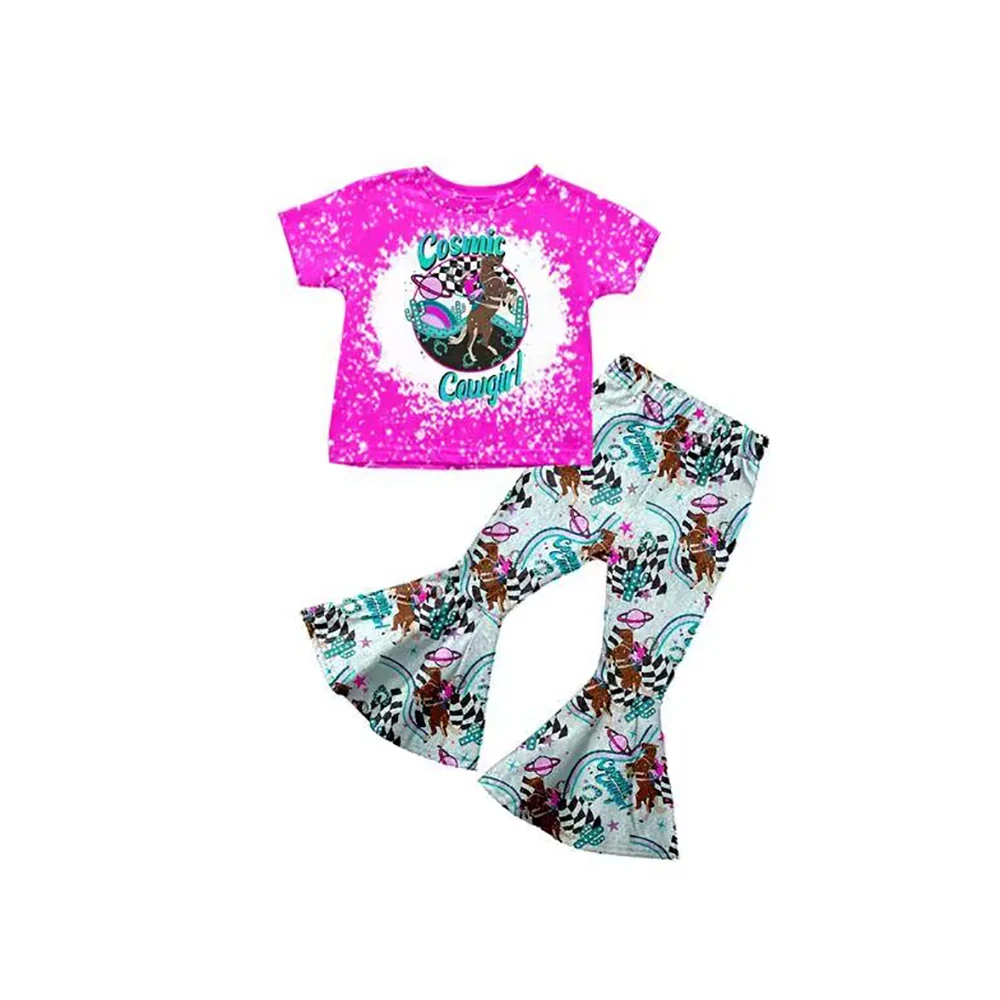 Custom moq 3 eta 6-8weeks Rose Red Snowflake Spotted Long Sleeve Top-Light Green Horse Flared Pants Set