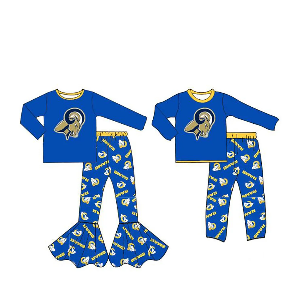 Custom moq 3 MIX SIZE eta 7/8week moq 5 eta /4/5week Brown goat head pattern blue long sleeves and long pants boys and girls mixed set