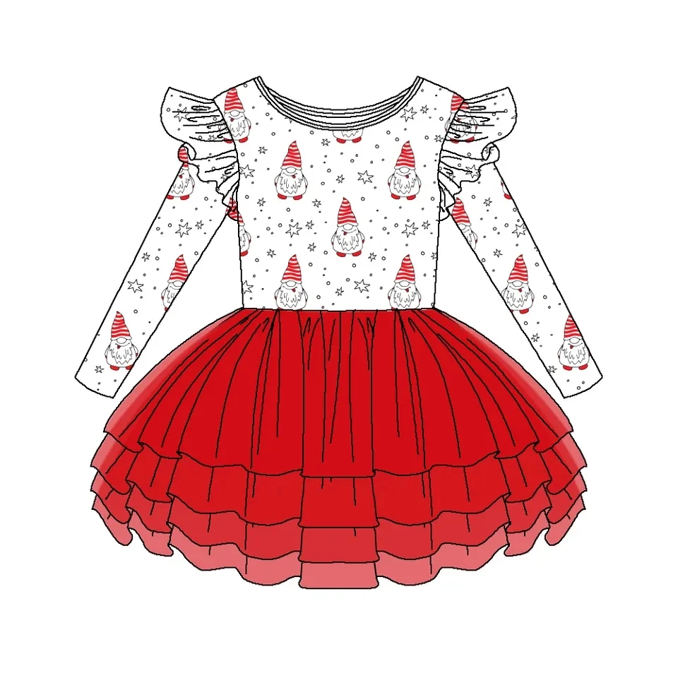 Custom moq 3 eta 6-8weeks Red Christmas Snowman Star Flying Sleeve Long Sleeve Tutu Skirt