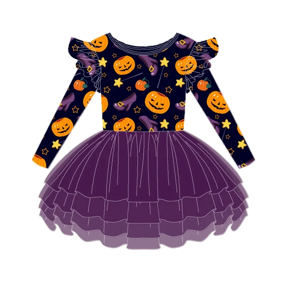 Custom moq 3 eta 6-8weeks Purple Halloween Pumpkin High Heels Flying Sleeves Long Sleeve Tutu Skirt