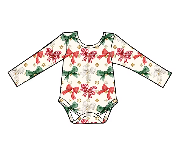 Custom moq 3 eta 6-8weeks Red-green bow beige long-sleeved romper