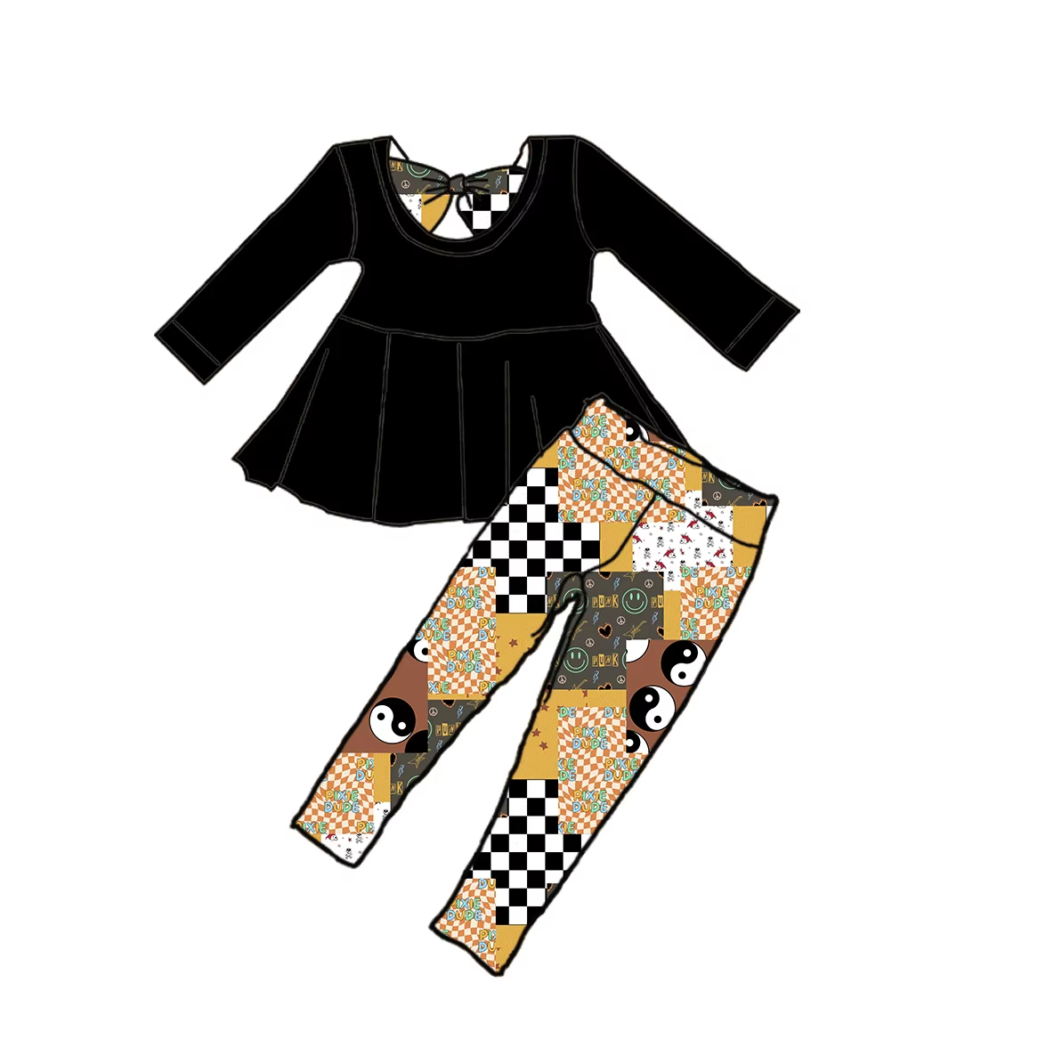 Custom moq 3 eta 6-8weeks Black long-sleeved top-checkered yin-yang pattern yellow trousers set