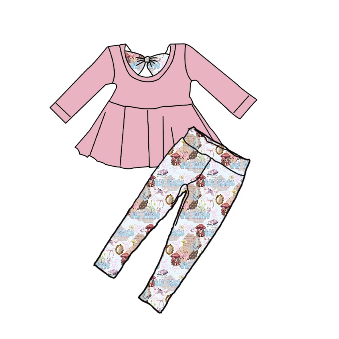 Custom moq 3 eta 6-8weeks Pink long-sleeved top-letter mushroom white trousers set