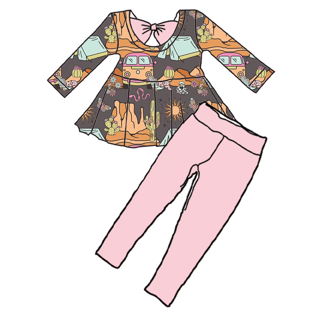 Custom moq 3 eta 6-8weeks Bus-Cactus-Dark Grey Long Sleeve Top-Pink Trousers Set