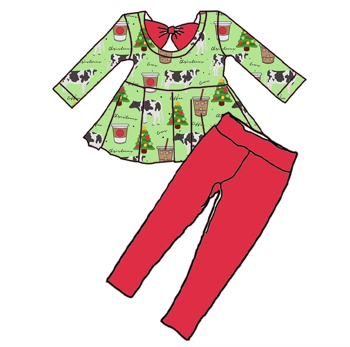 Custom moq 3 eta 6-8weeks Grass green cow bow back decoration long-sleeved top-red trousers set